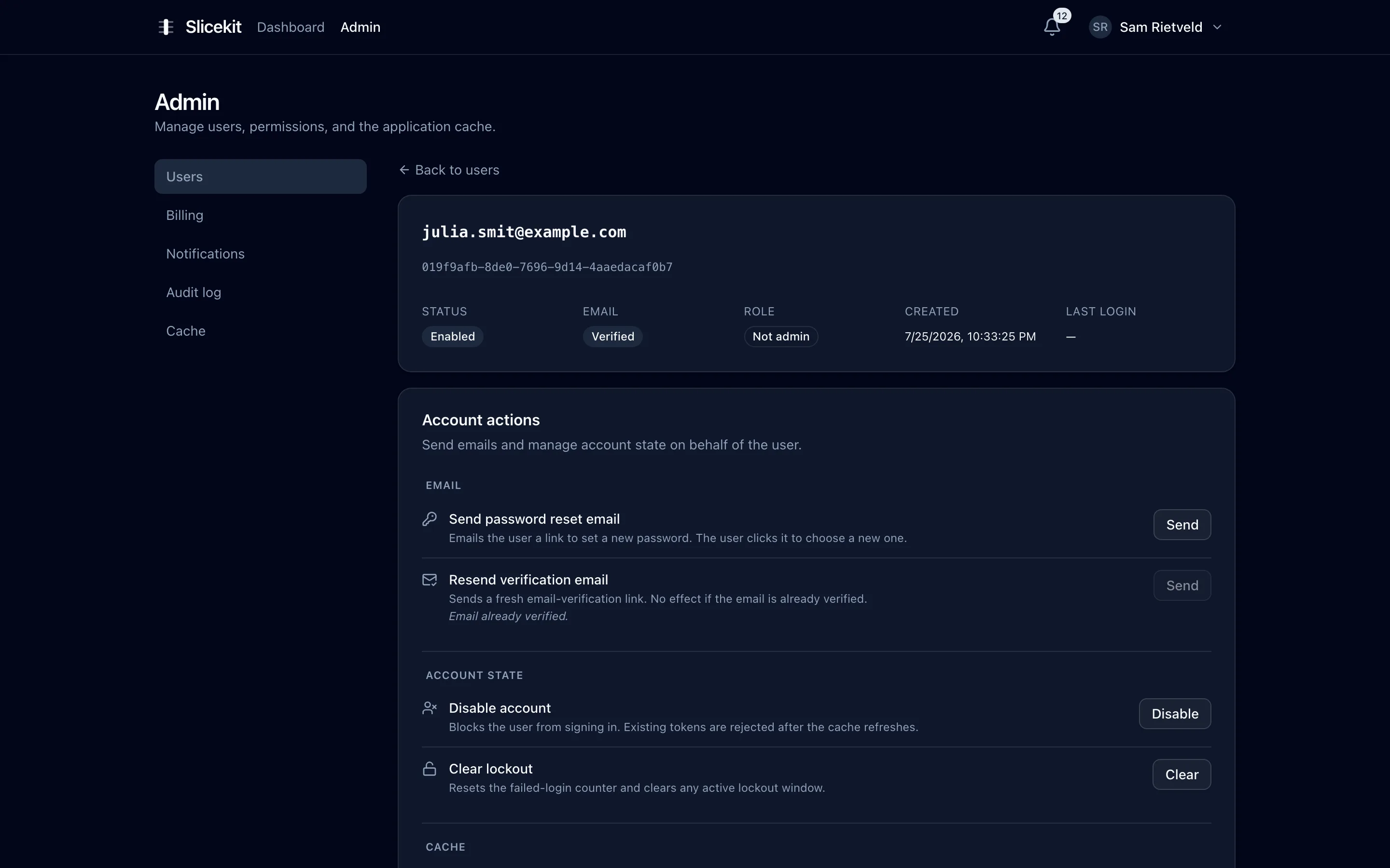 The McHub admin user detail page: profile, roles, sessions and audit history