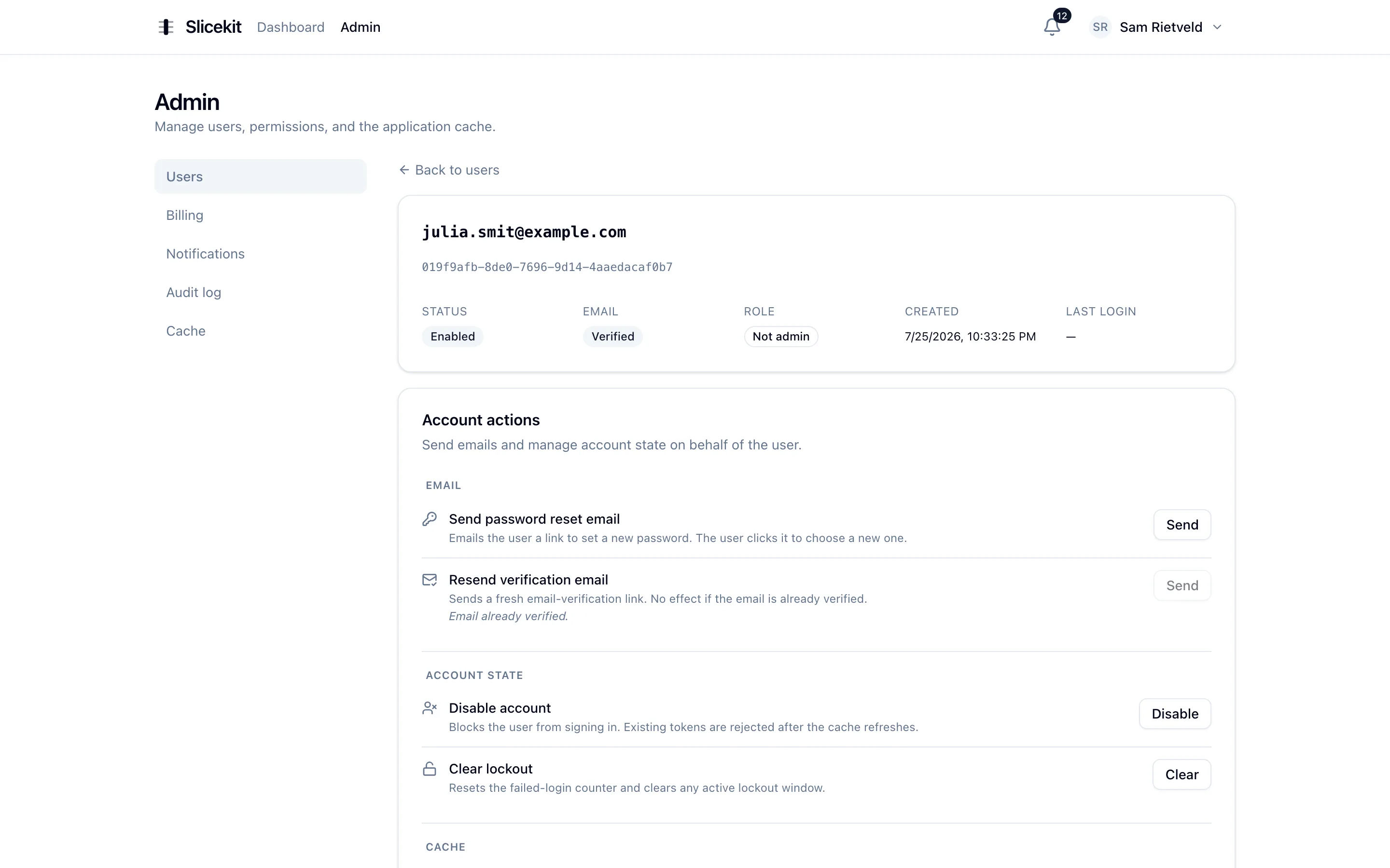 The McHub admin user detail page: profile, roles, sessions and audit history