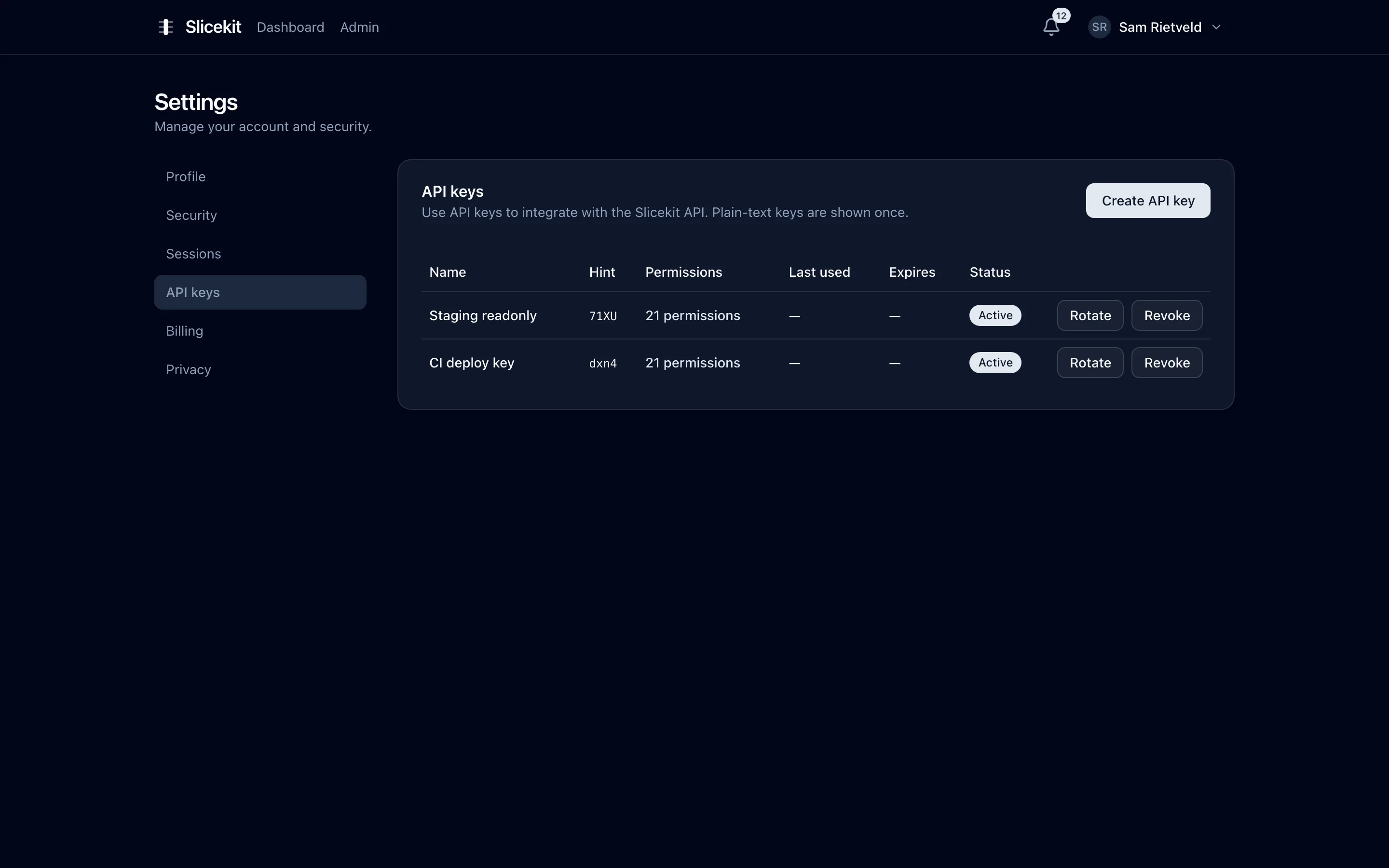 API key management with creation, scoped permissions and rotation
