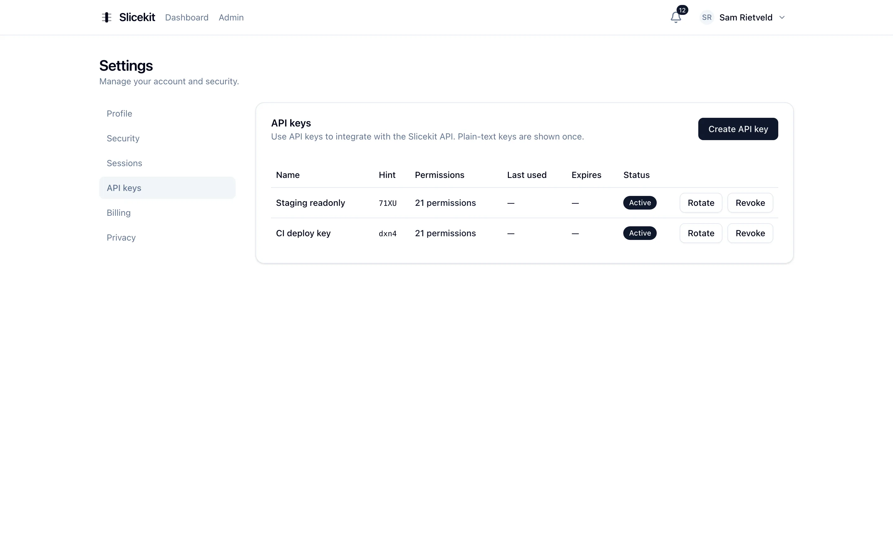API key management with creation, scoped permissions and rotation