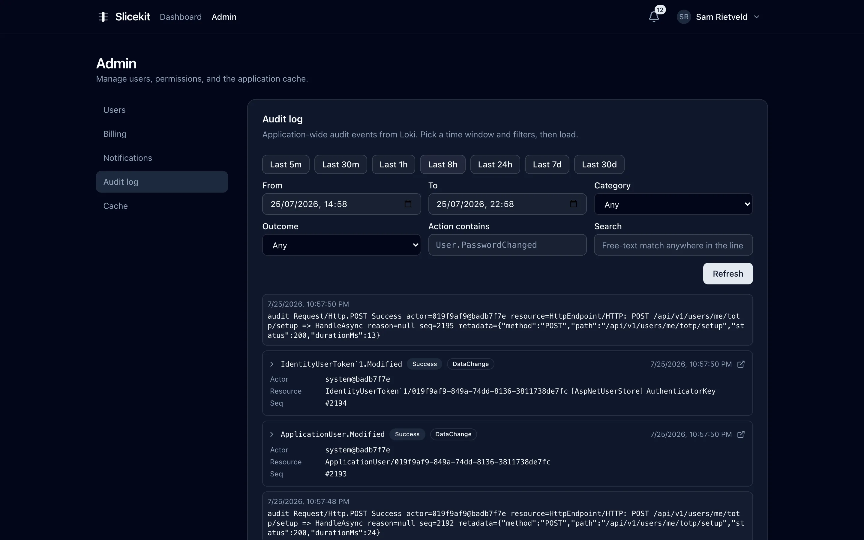 Audit log viewer with filters for category, action, outcome and date range