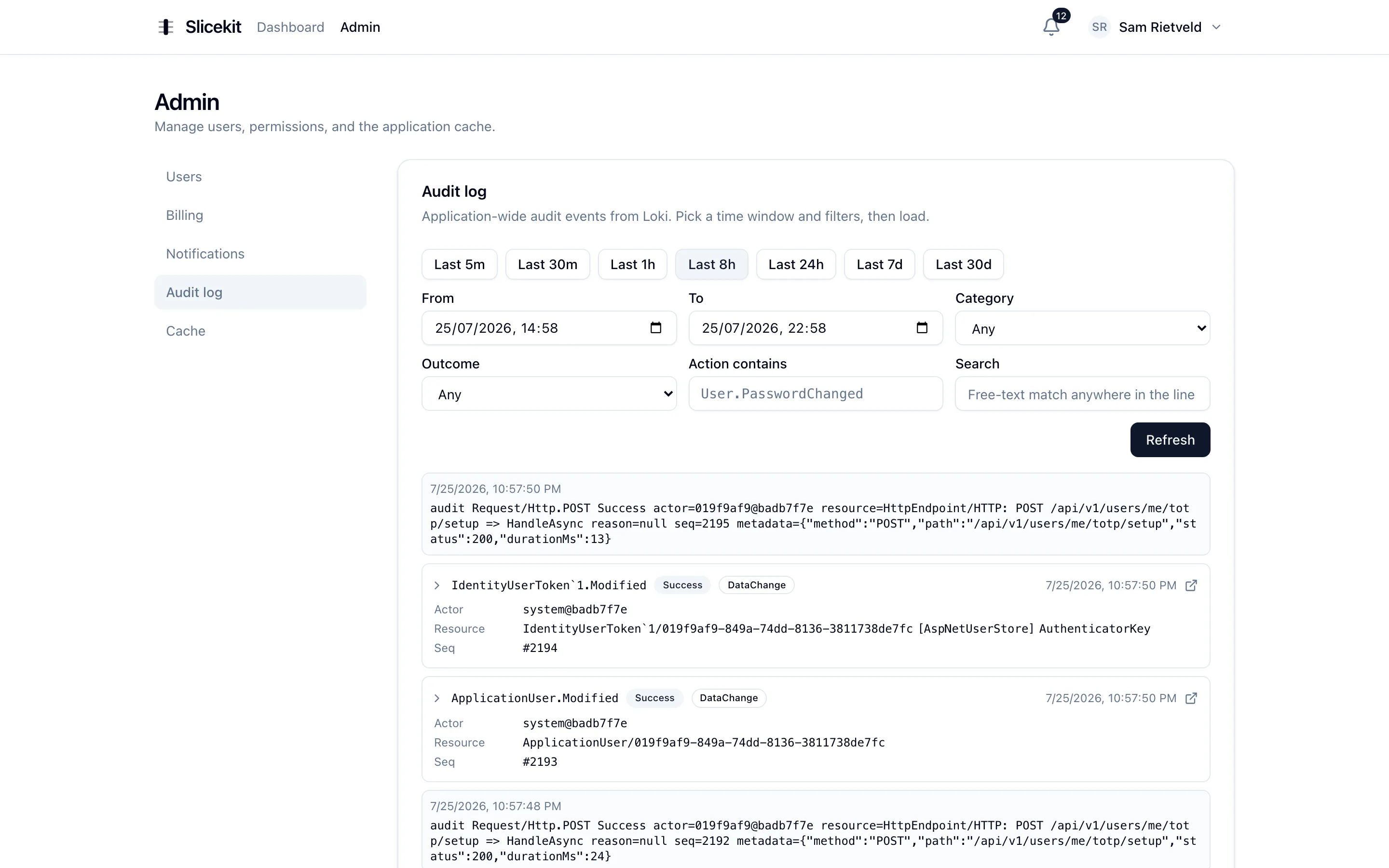 Audit log viewer with filters for category, action, outcome and date range