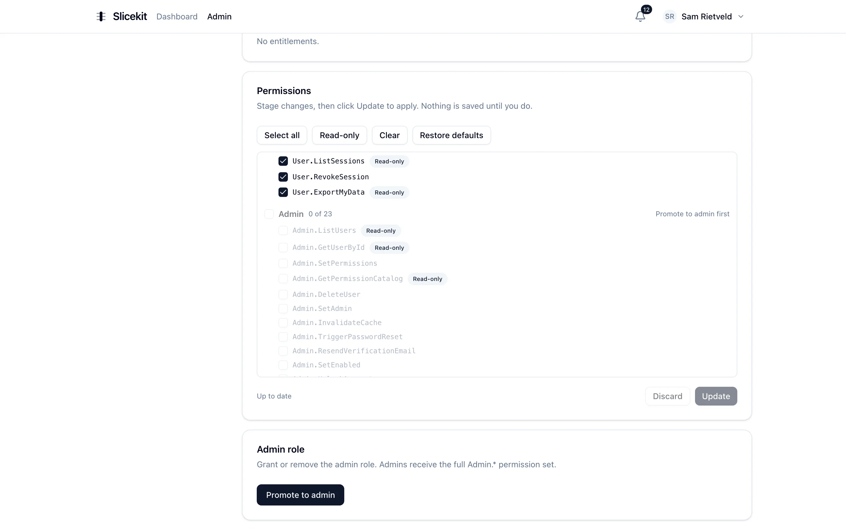 Granular permission catalog with per-permission grants, read-only flags and presets