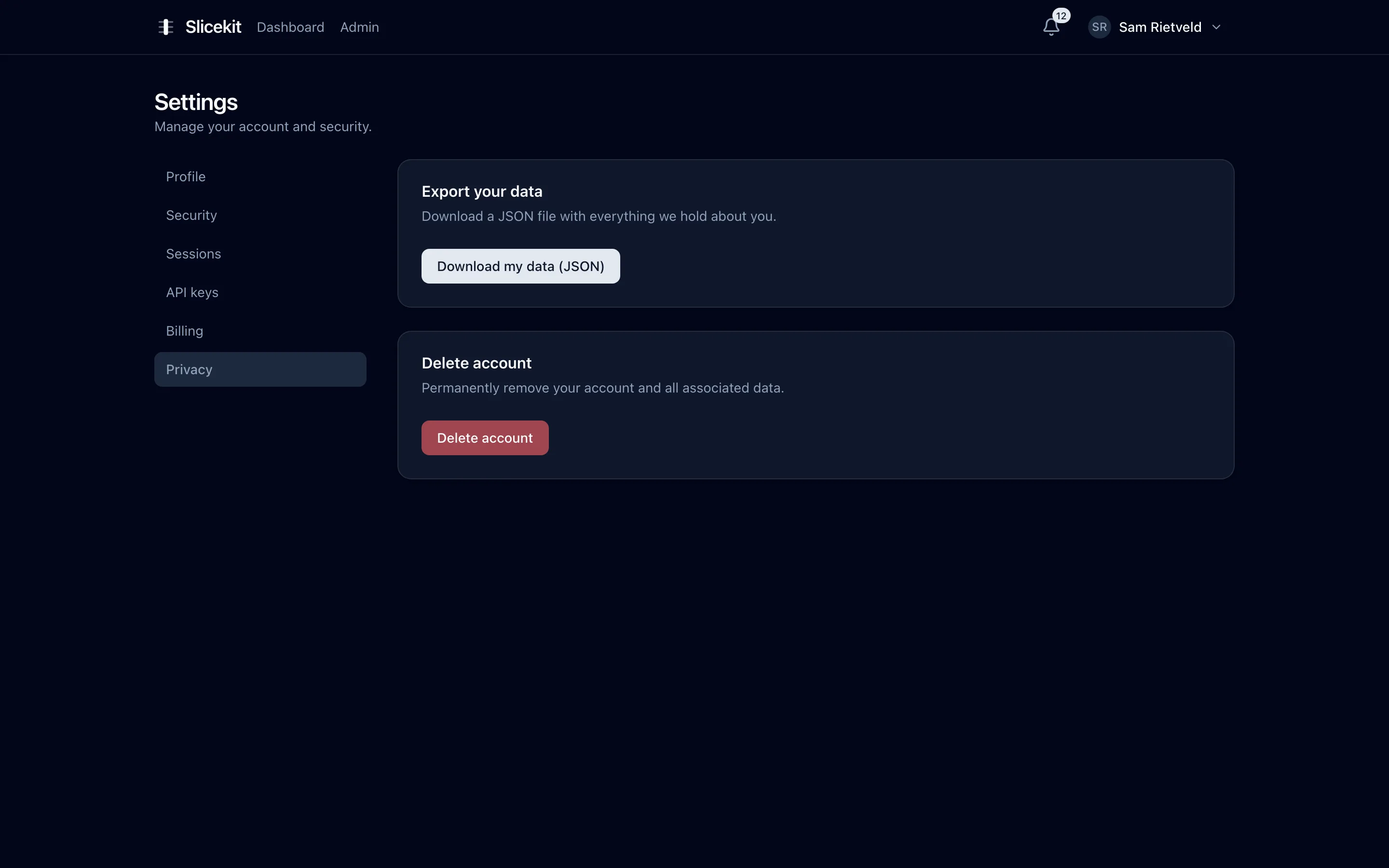 Privacy settings with data export and account deletion