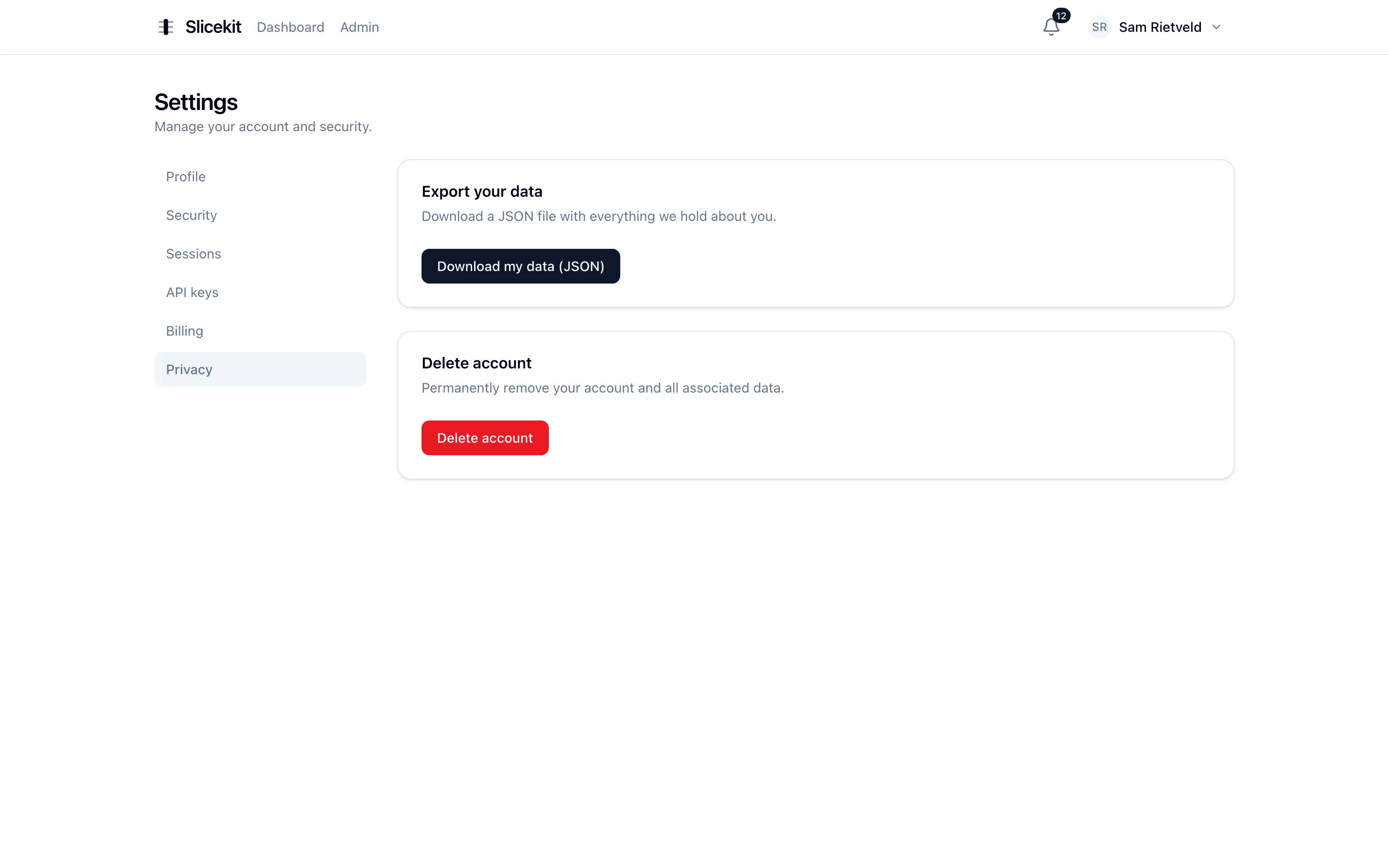 Privacy settings with data export and account deletion