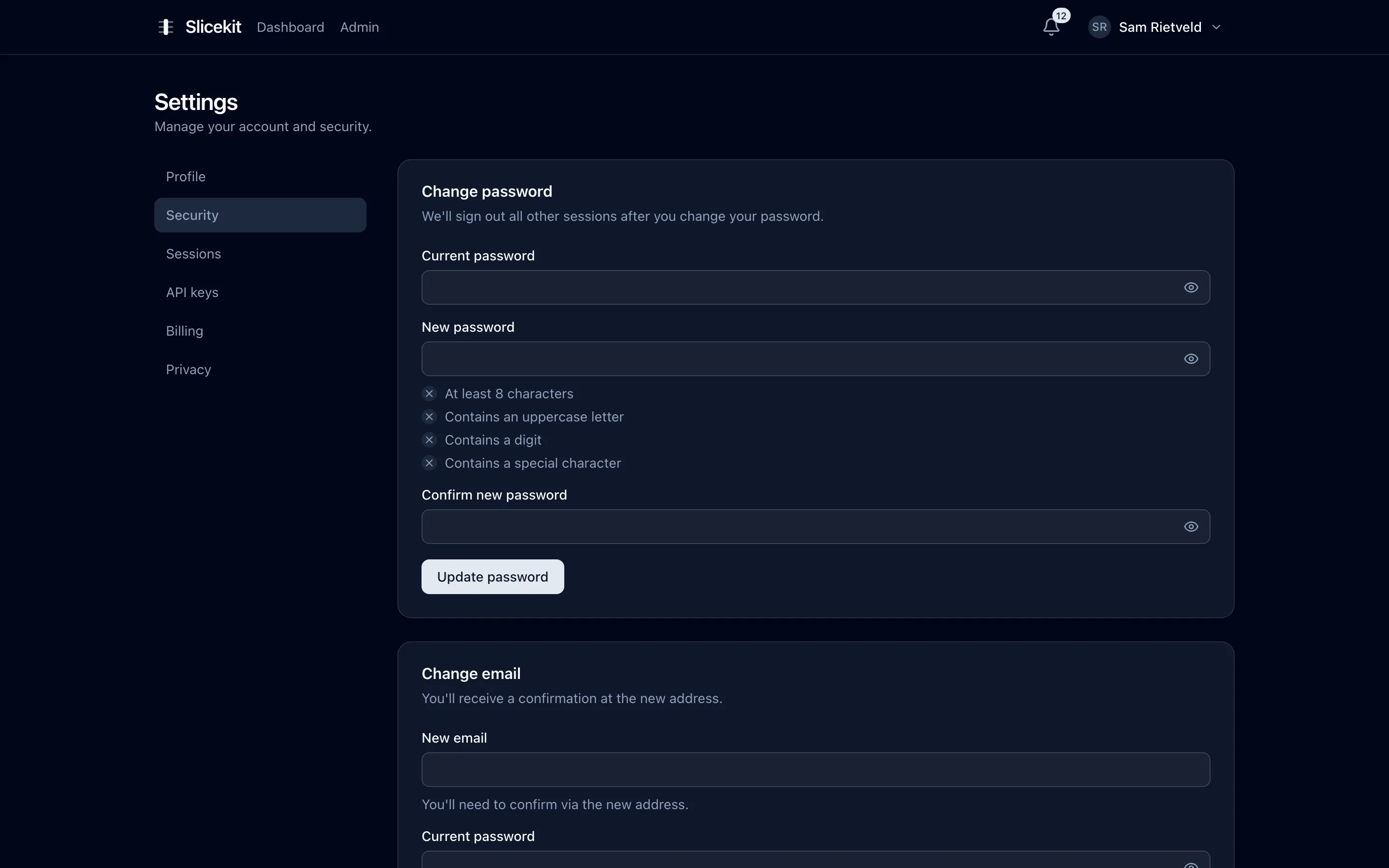 Security settings with password, email, two-factor, passkeys and linked accounts