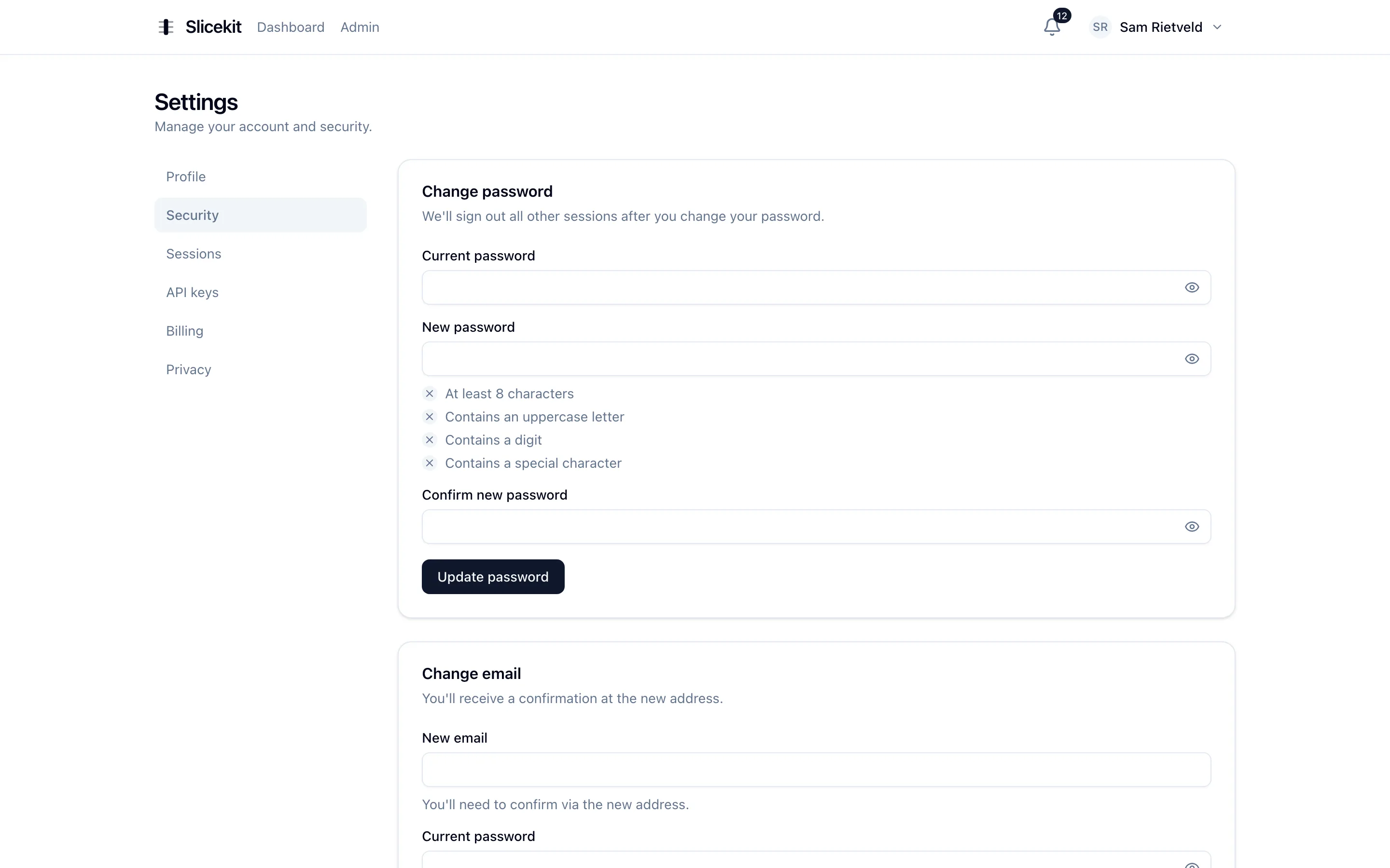 Security settings with password, email, two-factor, passkeys and linked accounts