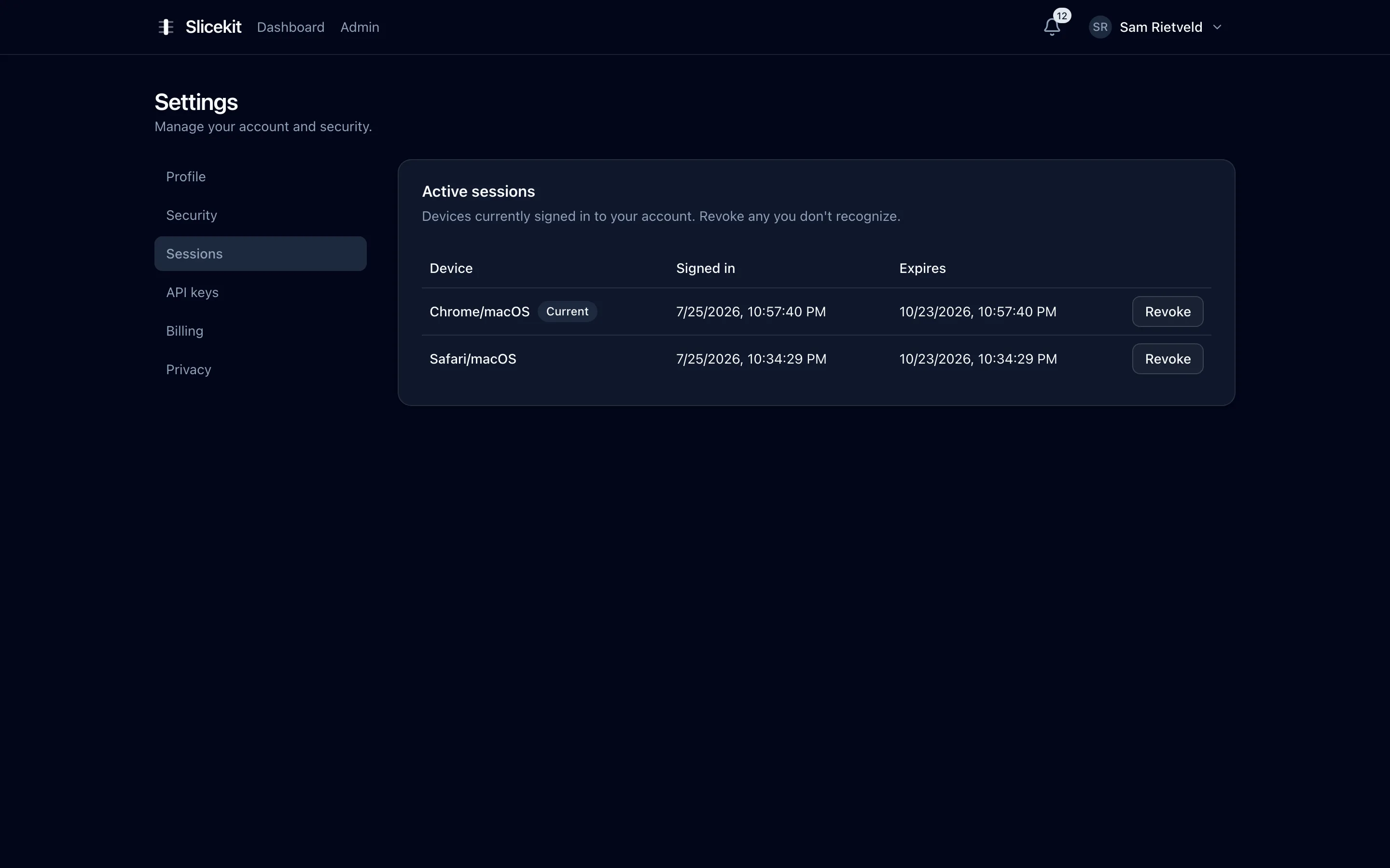Active session list with device names and revocation