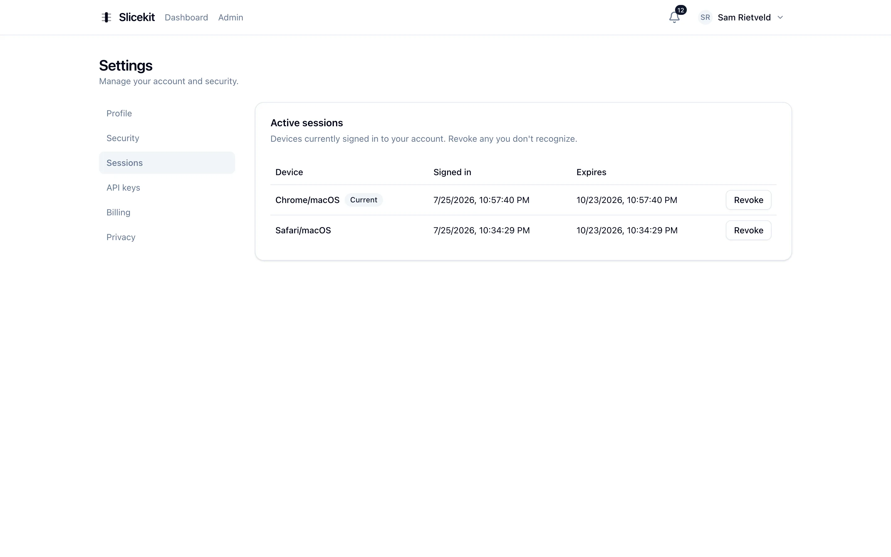 Active session list with device names and revocation