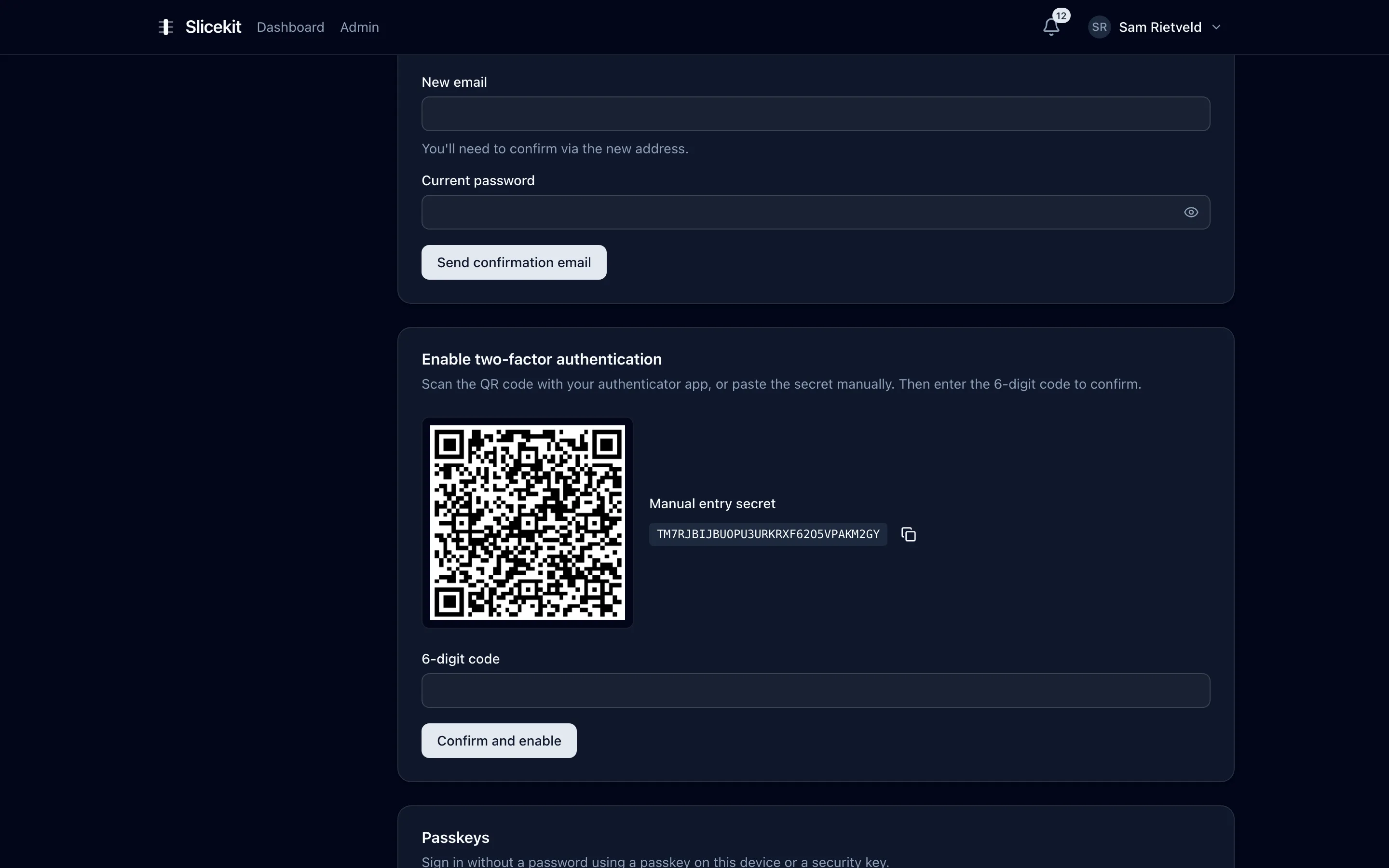 TOTP two-factor setup dialog with QR code and manual secret