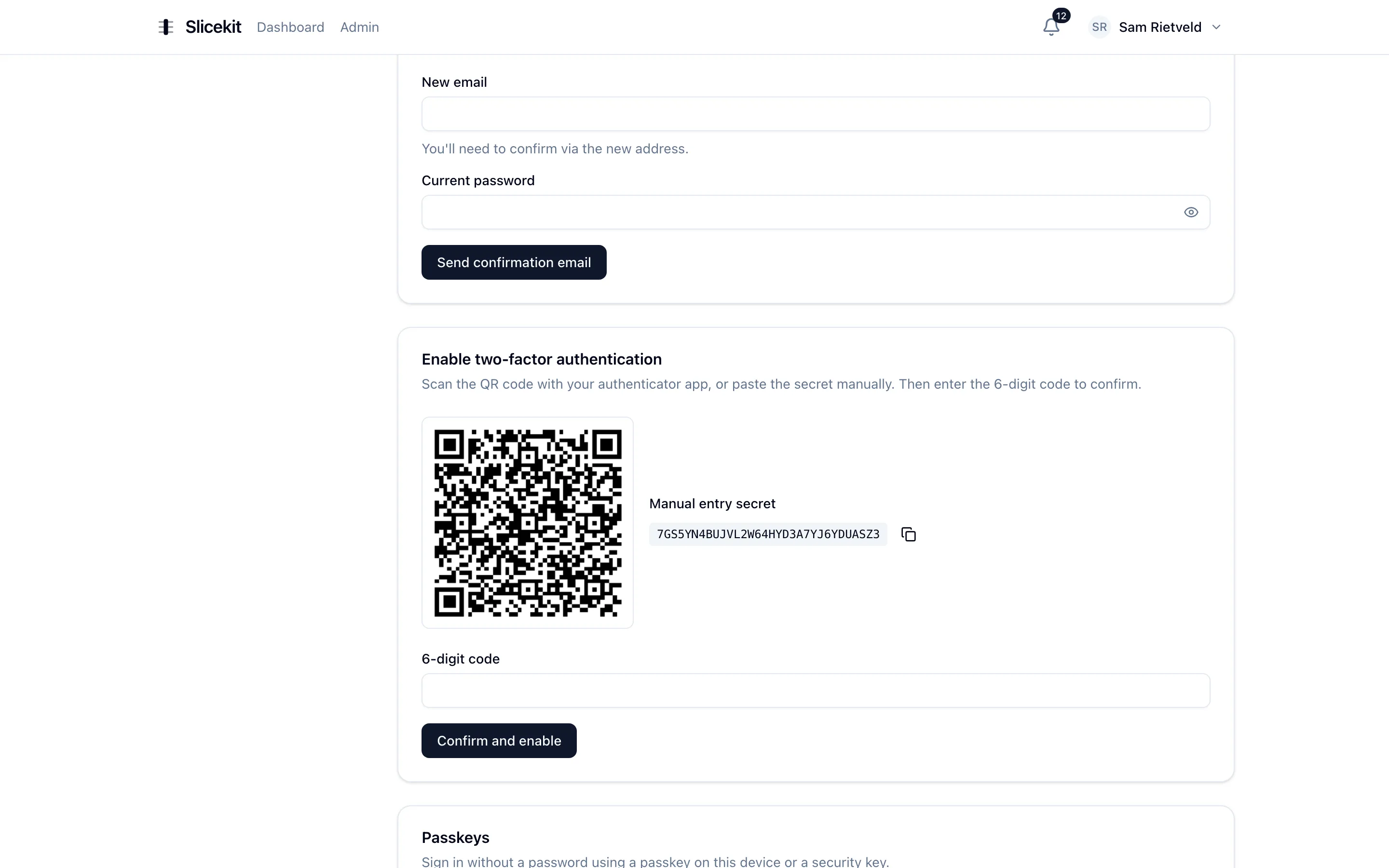 TOTP two-factor setup dialog with QR code and manual secret